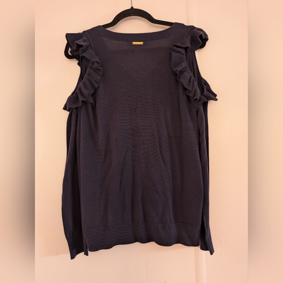 Michael Kors Navy V-Neck Sweater with Ruffled Sleeves - Picture 2 of 8